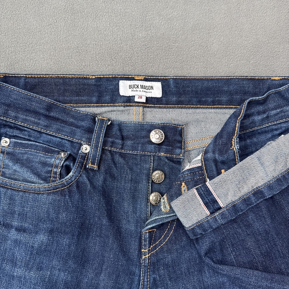 Buck‎ Mason Jeans Mens 28 Blue Selvedge Slim Fit Button Fly Cotton USA Raw Denim